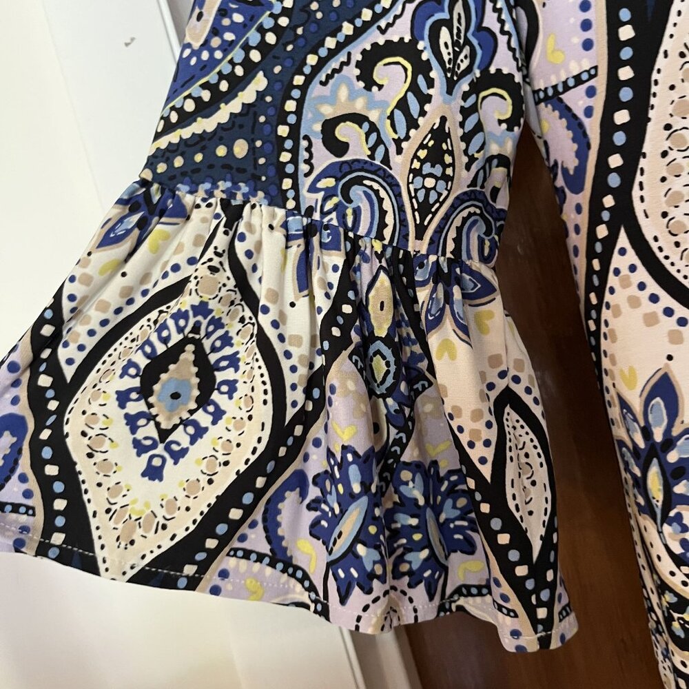 Chico Womens Paisley Blue Printed Jersey Dress Ruffle Sleeve Size Medium - Picture 5 of 5